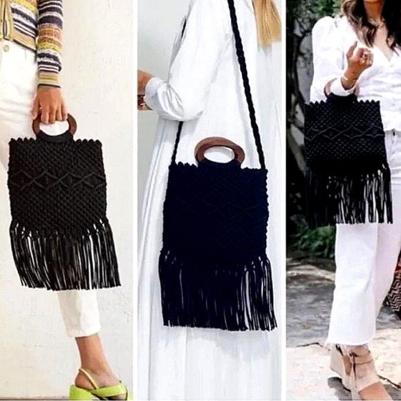 Danielle Nicole Handbags - Danielle Nicole Macrame Crochet Handbag Black Boho Fringe crossbody